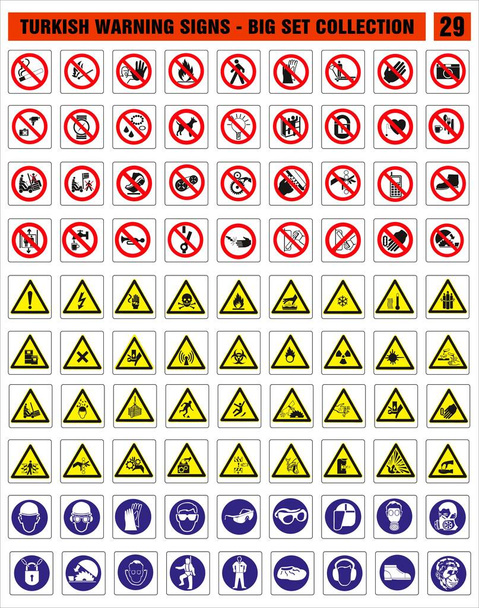Turkish signage models, hazard sign, warning signboard, occupational safety and health signs, prohibited sign, emergency sign. for sticker, posters, and other material printing. easy to modify. Vector. - Vector, Image