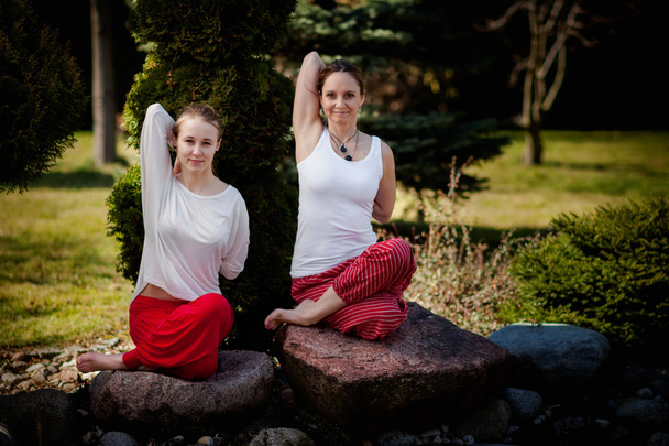 sesja jogi na świeżym powietrzu w pięknym miejscu - ćwiczenia kobiet - Zdjęcie, obraz