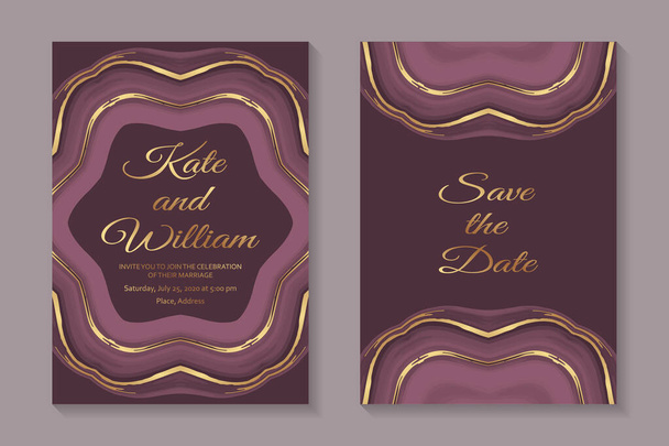 Set van moderne abstracte luxe bruiloft uitnodiging ontwerp of kaart sjablonen voor het bedrijfsleven of presentatie of begroeting met roze vloeibare marmer textuur en gouden strepen. - Vector, afbeelding