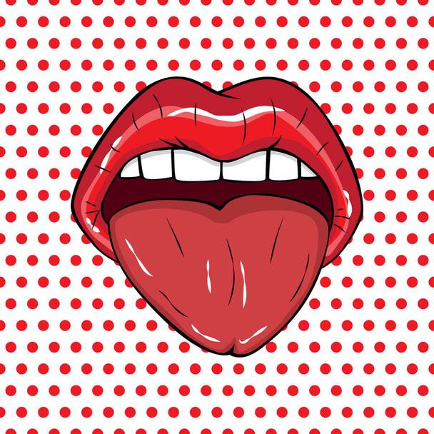 Illustrazione vettoriale. Labbra rosse sexy e lingua su uno sfondo a pois nello stile dei fumetti. Illustrazione vettoriale per stampa.  - Vettoriali, immagini