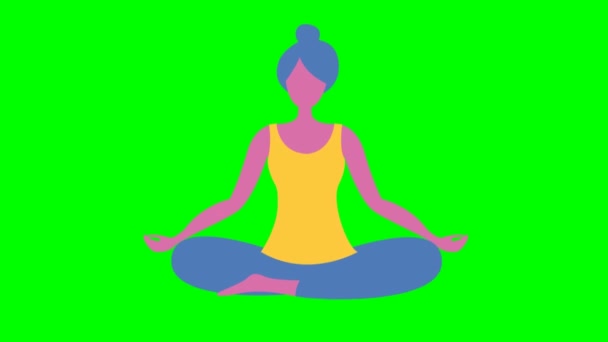 Holka dělá jógu a sedí v lotosové pozici. Ta holka medituje. Moderní koncepce plochého designu jógy. Žena se vznáší ve vzduchu. Jasná ilustrace pohybu na zeleném pozadí. - Záběry, video