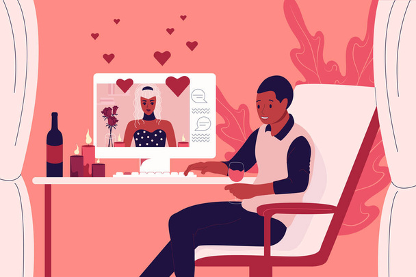 Ένας νεαρός κάθεται μπροστά από μια οθόνη υπολογιστή και μιλάει με την κοπέλα του σε μια συνομιλία. Ένα ερωτευμένο ζευγάρι γιορτάζει την ημέρα του Αγίου Βαλεντίνου στο διαδίκτυο. Εικονογράφηση διανύσματος - Διάνυσμα, εικόνα