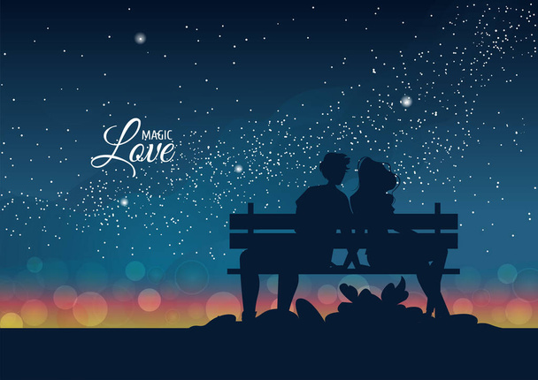 Silhouet van verliefd echtpaar op de bank 's nachts. Sterren en stadslichten aan de horizon. Gelukkige Valentijnsdag, Romantisch, Liefde concept. Vector illustratie voor banner, poster, website. - Vector, afbeelding