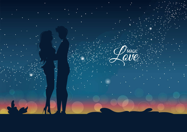 Silueta de abrazar a la pareja enamorada por la noche. Estrellas y luces de ciudad en el horizonte. Feliz día de San Valentín, romántico, concepto de amor. Ilustración vectorial para tarjeta, póster, postal. - Vector, Imagen