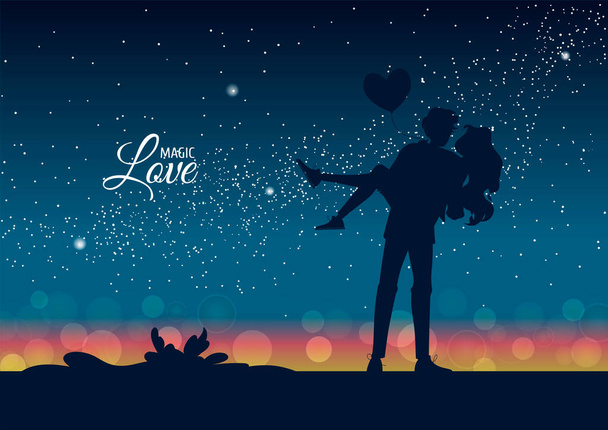 Silueta de abrazar a la pareja enamorada por la noche. Estrellas y luces de ciudad en el horizonte. Feliz día de San Valentín. Diseño de ilustración vectorial romántico para pancarta, sitio web, póster, tarjeta. - Vector, Imagen