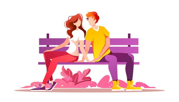 Νεαρό ερωτευμένο ζευγάρι κάθεται σε ένα παγκάκι. Σχέση και αγάπη έννοια για την ημέρα του Αγίου Βαλεντίνου. Ημερομηνία Εικονογράφηση διάνυσμα για banner, ιστοσελίδα, αφίσα, κάρτα. - Διάνυσμα, εικόνα