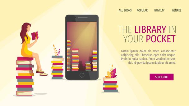 E-book reader apps, E-library, book lovers concept. Mobile phone ebook reader application, piles of books and woman reading book. Vector illustration for poster, banner, cover, presentation, brochure.  - Vector, Image