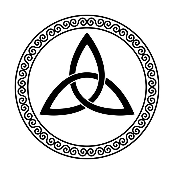 円形の螺旋状のフレーム内のトリケトラ。ケルトの結び目、三角形の図は、古代のキリスト教の装飾で使用され、二重のスパイラルで作られた装飾的な境界線に囲まれています。イラスト。ベクトル. - ベクター画像