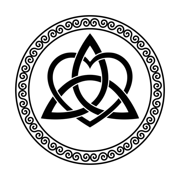 Triquetra se symbolem srdce, v kruhovém spirálním rámu. Keltský uzel, trojúhelníková figura, používaná ve starověké křesťanské ozdobě, obklopená hranicemi, zhotovená z dvojitých spirál. Ilustrace. Vektor - Vektor, obrázek