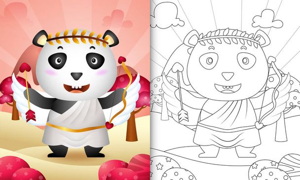 livro de colorir para crianças com um anjo panda bonito usando traje cupido dia dos namorados temático - Vetor, Imagem
