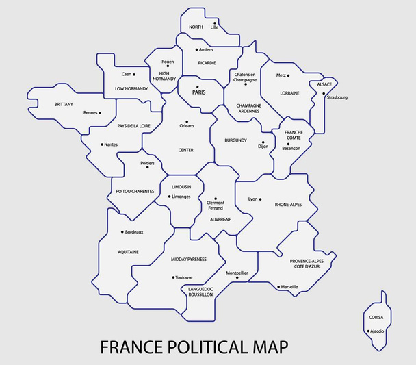 Ranska poliittinen kartta jakaa valtion värikäs ääriviivat yksinkertaisuus tyyli.  - Vektori, kuva