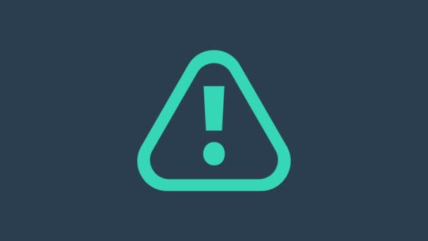 Tyrkysová vykřičník značka v trojúhelníku ikona izolované na modrém pozadí. Varovné znamení nebezpečí, opatrnost, pozornost, důležité varování před nebezpečím. Grafická animace pohybu videa 4K - Záběry, video