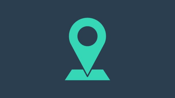 Icône de carte turquoise isolée sur fond bleu. Navigation, pointeur, emplacement, carte, GPS, direction, lieu, boussole, concept de recherche. Animation graphique de mouvement vidéo 4K - Séquence, vidéo