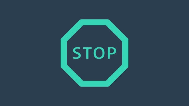 Icono de señal de parada de color turquesa aislado sobre fondo azul. Símbolo de parada de advertencia de tráfico. Animación gráfica de vídeo 4K - Metraje, vídeo