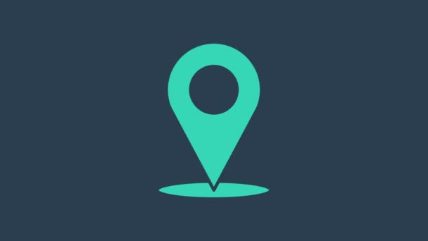 Icono de pin de mapa turquesa aislado sobre fondo azul. Navegación, puntero, ubicación, mapa, GPS, dirección, lugar, brújula, concepto de búsqueda. Animación gráfica de vídeo 4K - Imágenes, Vídeo