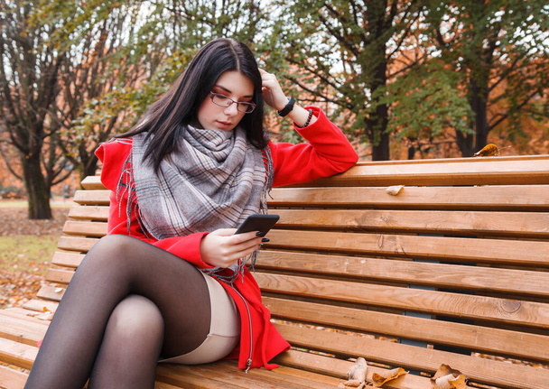 young beautiful girl looking at smartphone display while sitting on a park bench on autumn day - Foto, Imagen