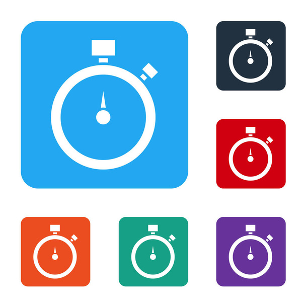 Λευκό εικονίδιο Stopwatch απομονώνεται σε λευκό φόντο. Χρονόμετρο. Χρονόμετρο. Ορισμός εικονιδίων σε χρωματιστά τετράγωνα κουμπιά. Διάνυσμα. - Διάνυσμα, εικόνα