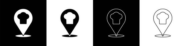 Set chapeau de chef avec icône de localisation isolé sur fond noir et blanc. Symbole de cuisson. Chapeau de cuisine. Vecteur. - Vecteur, image