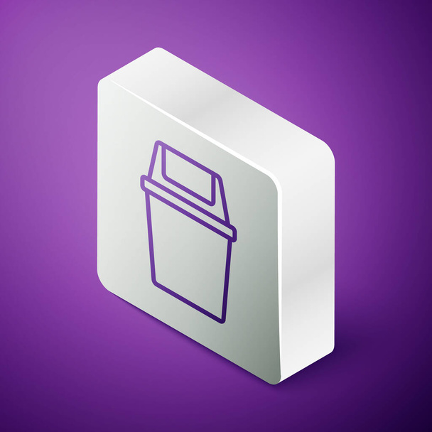 Isometric line Trash can icon isolated on purple background. Garbage bin sign. Recycle basket icon. Office trash icon. Silver square button. Vector. - Вектор, зображення