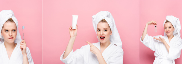 collage de mujer joven en albornoz con toalla en la cabeza con cepillo de dientes, suero y crema de manos aislados en rosa, pancarta - Foto, Imagen
