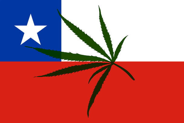 Marihuana yapraklı Şili bayrağı. Şili 'de esrar yasallaştırma kavramı. Uyuşturucu politikası. - Fotoğraf, Görsel