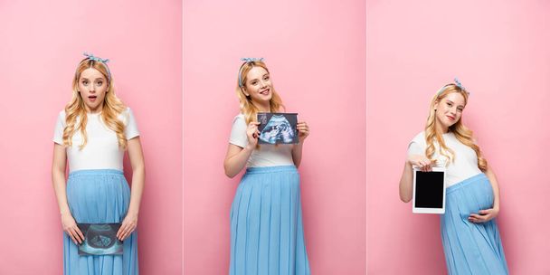 Collage einer blonden jungen Schwangeren mit Baby und Pizza-Ultraschall und digitalem Tablet auf rosa Hintergrund - Foto, Bild