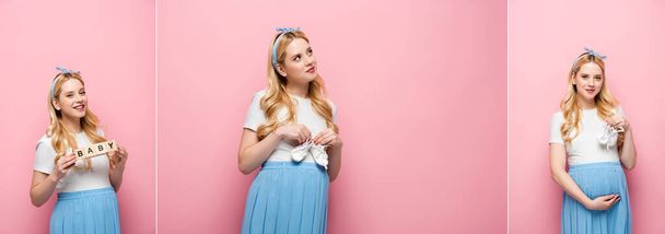 kolaż blondynki młoda ciężarna kobieta trzyma buty i kostki z napisem dziecka na różowym tle, baner - Zdjęcie, obraz