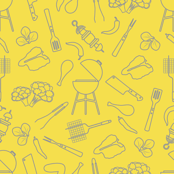 Seamless pattern with grill and barbecue tools, food. BBQ party background. Design for party card, banner, poster or print. Illuminating and Ultimate Gray. - Vecteur, image