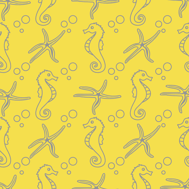 Vector seamless pattern with sea horses, starfish and bubbles. Marine background. Design for textile, banner, poster or print. Illuminating and Ultimate Gray. - Vetor, Imagem
