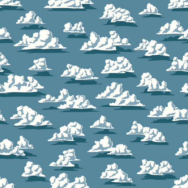 Seamless dark blue abstract background with cartoon cumulus clouds over the sea. - Vector, Image