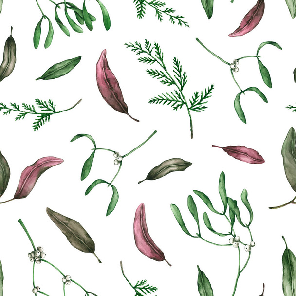Seamless pattern with watercolor mistletoe and thuja branches, foliage. Hand drawn illustration is isolated on white. Ornament is perfect for floral design, wallpaper, fabric textile, wrapping paper - Photo, Image
