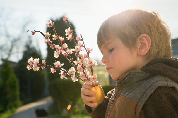 słodkie chłopiec 4 lat posiada bukiet wiosennych gałęzi kwitnących w złotej skorupie z jaja. Piękne słońce. Koncepcja ekologiczna, Dzień Matki Ziemi. Wiosenny radosny nastrój, prezent dla mamy na Dzień Matki - Zdjęcie, obraz