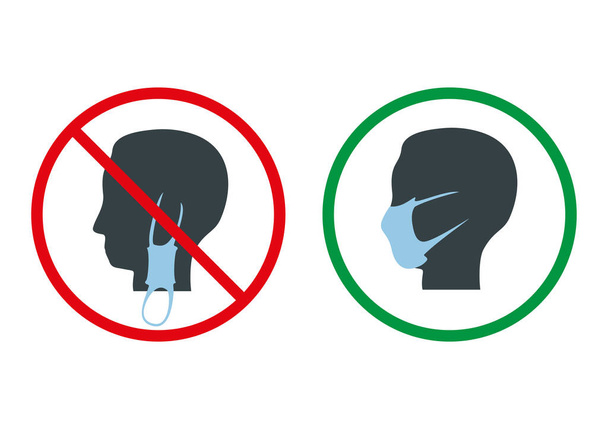 Signs of correct and incorrect wearing of a medical mask. Human head icon in medical mask. - Vector, Image