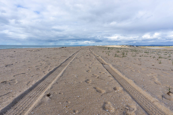 alacsony szög kilátás 4x4 keréknyomok homokos strandon - Fotó, kép