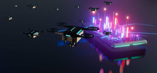 Isometric town,smart city building 3d skyscrapers,red pin on smartphone or mobile,concept drone delivery,Intelligent tracking system via satellite,augmented reality technology,3d render illustratio - Photo, Image