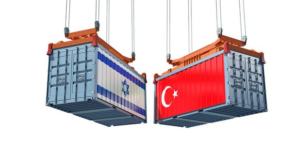 Nákladní kontejnery s vlajkami Izraele a Turecka. 3D vykreslování  - Fotografie, Obrázek