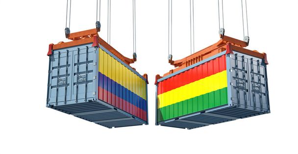 Kontenery towarowe z flagami Boliwii i Kolumbii. Renderowanie 3D  - Zdjęcie, obraz