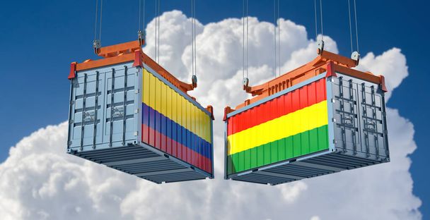 Nákladní kontejnery s bolívií a kolumbijskými národními vlajkami. 3D vykreslování  - Fotografie, Obrázek