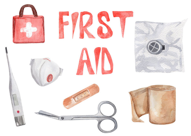 First aid watercolor set - respirator, thermometer, bag, adhesive plaster, valve. for decorating , leaflets, web, souvenirs, design, print, wrapping. - Photo, Image
