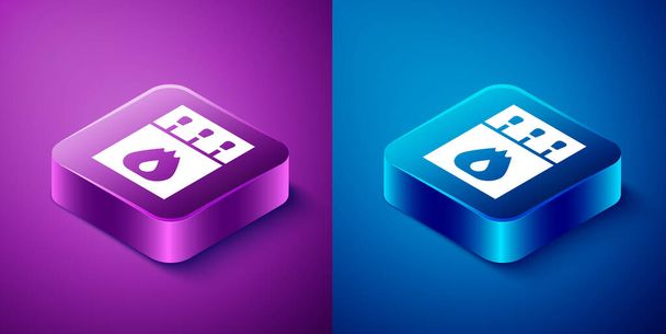 アイソメトリックオープンマッチボックスと一致アイコンは青と紫の背景に隔離されます。正方形のボタン。ベクトル. - ベクター画像
