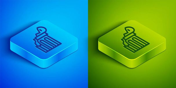 Isometric line Broken ancient column icon isolated on blue and green background. Square button. Vector. - Vector, Image