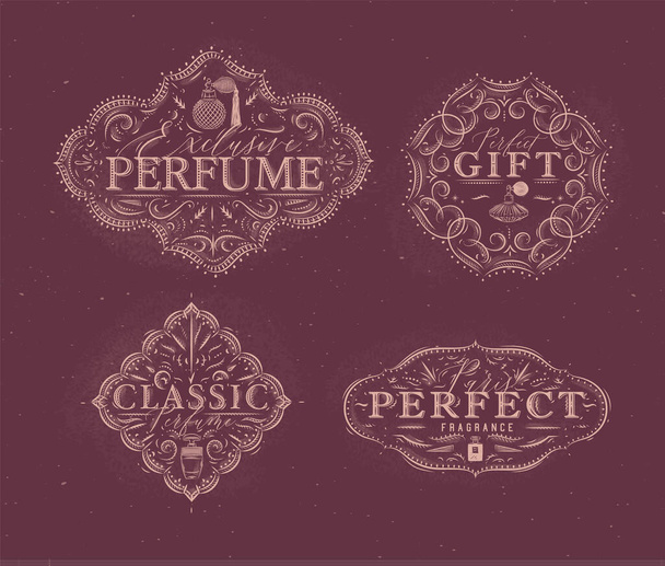 Parfum vintage badges met parfum fles set tekening in retro stijl op rode achtergrond - Vector, afbeelding