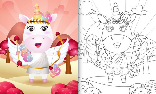 livre à colorier pour les enfants avec un ange licorne mignon en utilisant costume de Cupidon thème Saint Valentin - Vecteur, image