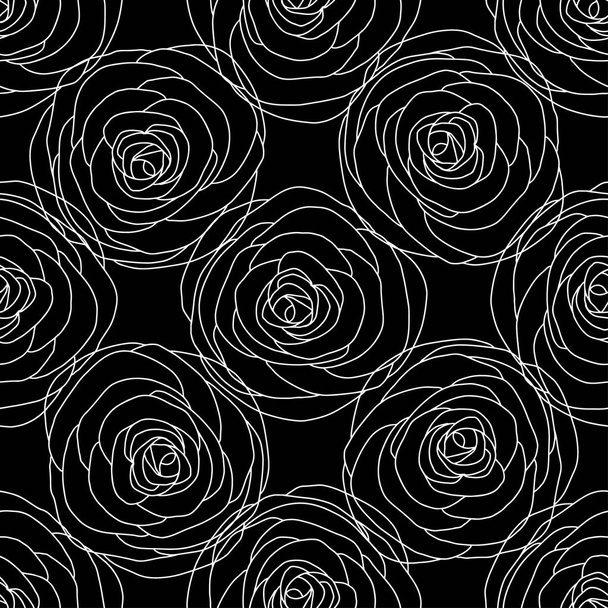 Contours rose flowers on black. Floral endless background. Hand-drawn spring vector illustration. - Διάνυσμα, εικόνα