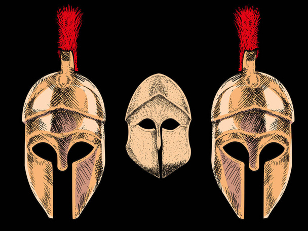 Ilustração vetorial de três capacetes coríntios sobre fundo preto. Design ideal para acompanhar textos sobre arqueologia e Grécia clássica - Vetor, Imagem
