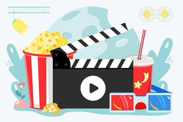 Película fondo cine concepto cartel con palomitas de maíz tazón clapper bebida ilustración vectorial detallada - Vector, imagen