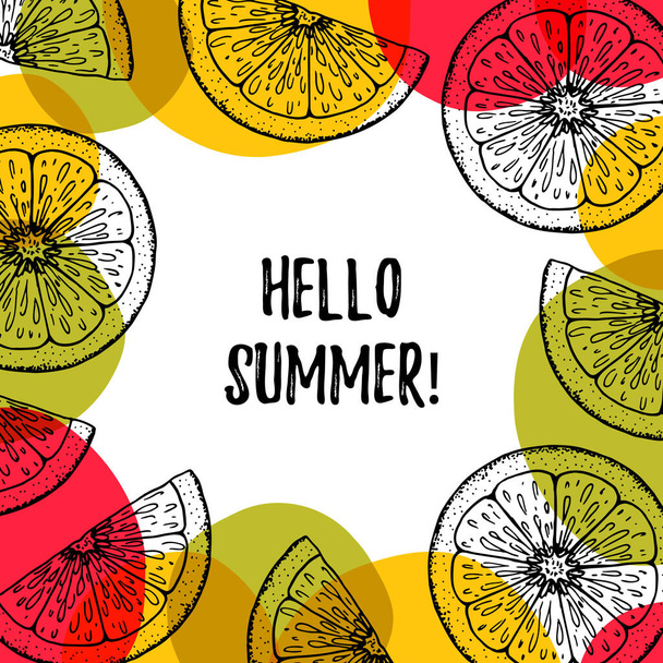 Hello Summer banner colorido con rodajas de limón. Ilustración vectorial con elementos dibujados a mano. - Vector, Imagen