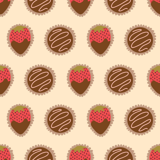 Chocoladedoos Patroon Creme. Naadloze vector patroon van chocolade truffels en chocolade gedompelde aardbeien voor Valentijnsdag. - Vector, afbeelding