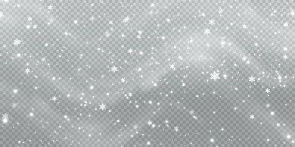 Αφηρημένο φόντο χειμώνα από νιφάδες χιονιού φυσητό από τον άνεμο σε ένα λευκό διαφανές φόντο. - Διάνυσμα, εικόνα