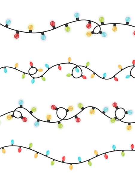 Catálogo de luces navideñas. Colección de guirnaldas coloridas y festivas sobre un fondo blanco transparente. - Vector, imagen